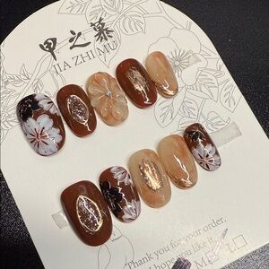 3D Floral Brown Press On Nails